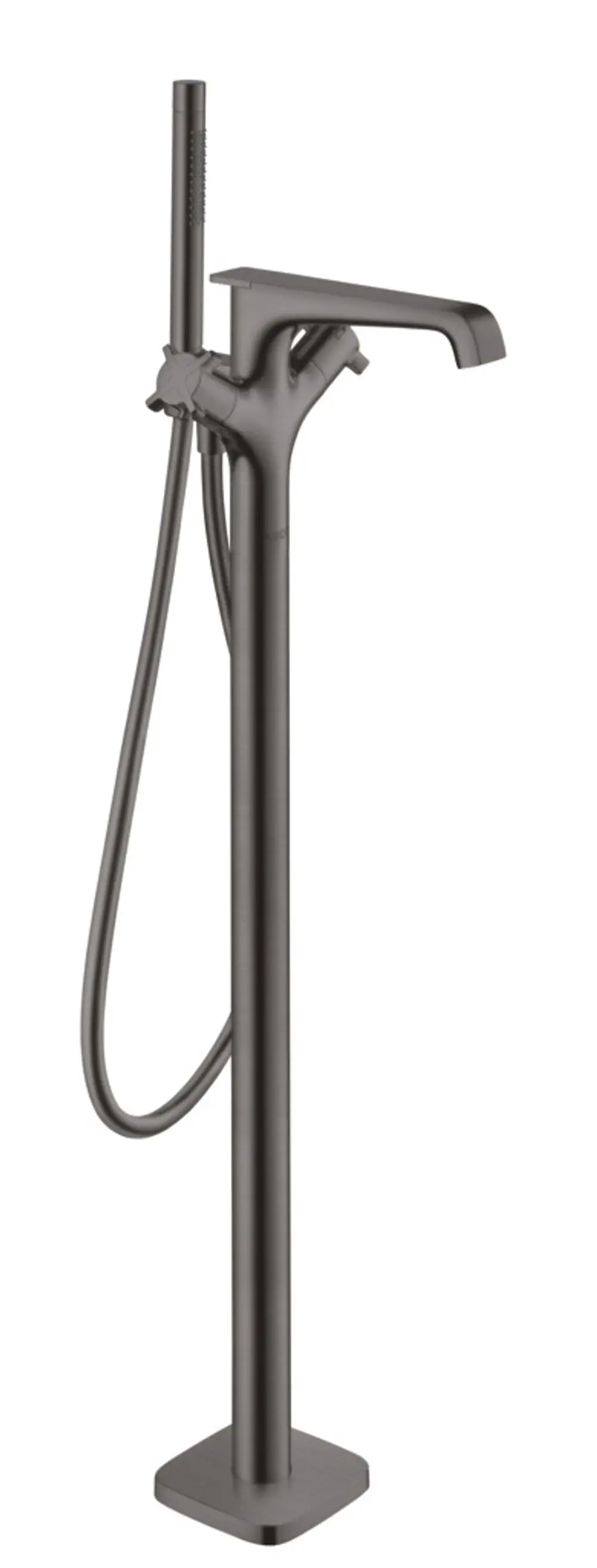 Stehender Thermostat von AXOR in Brushed Black Chrome für die Badewanne. Das Produkt verfügt über eine Handbrause und ist für moderne Badezimmer konzipiert.